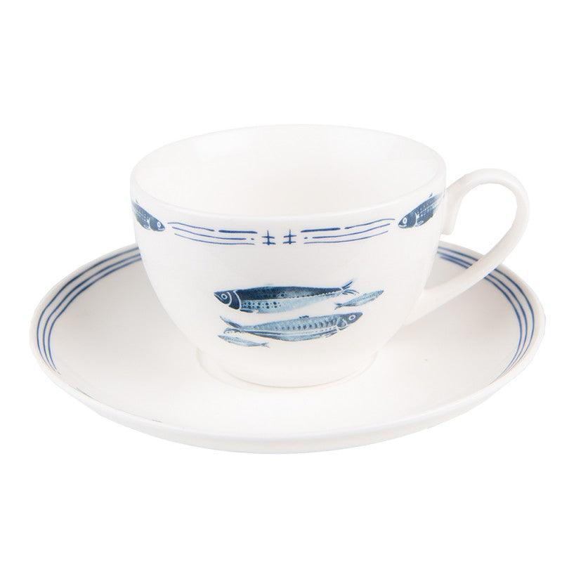 Clayre & Eef Set Tazza e piattino da the in porcellana bianca con Pesci Blu, 250 ml - MARIKA DE PAOLA - HOME DECOR