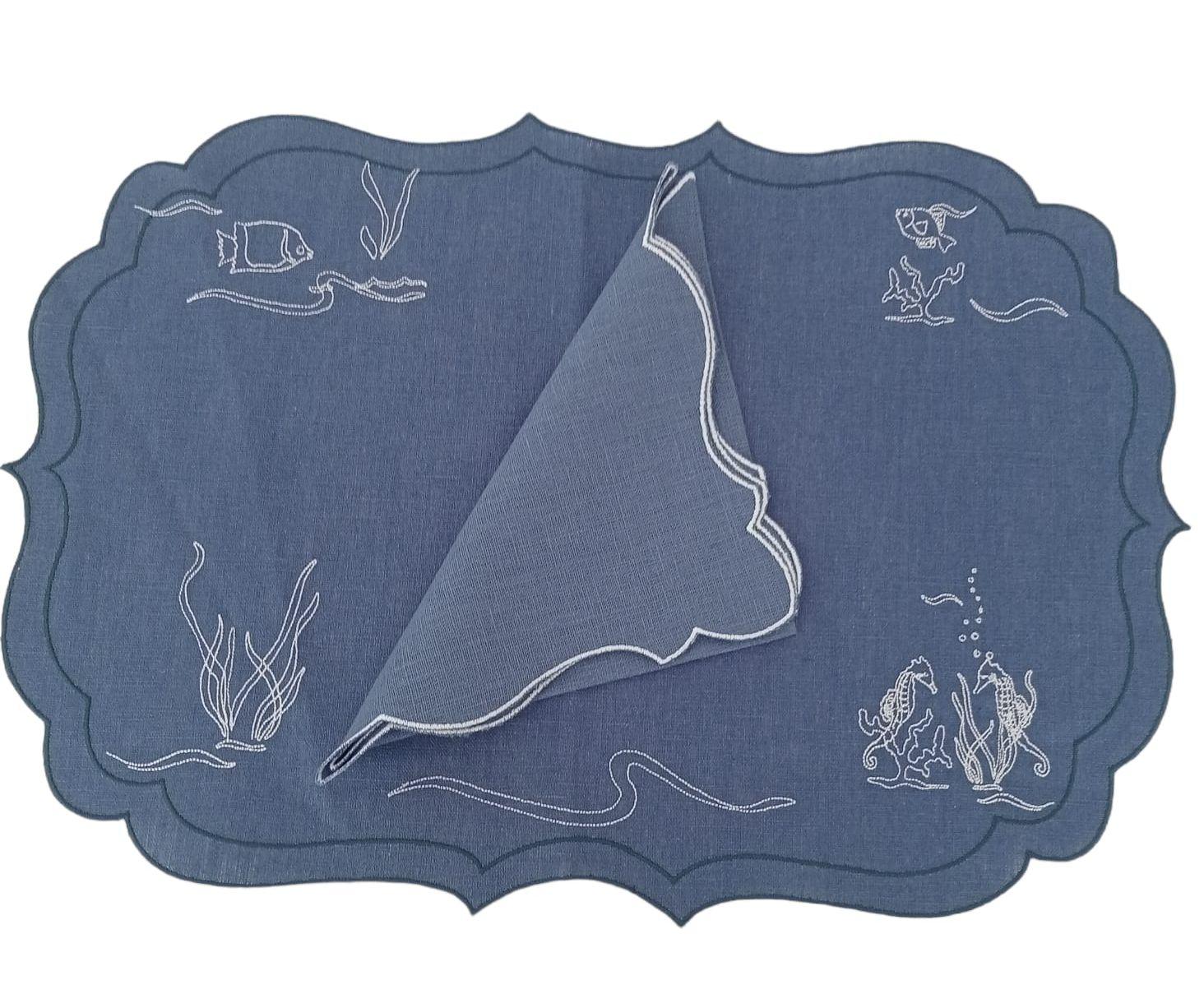 Marika De Paola - Set 1 Tovaglietta in puro lino cerato con 1 tovagliolo abbinato - Motivo: Acquario Blu Denim - MARIKA DE PAOLA - HOME DECOR