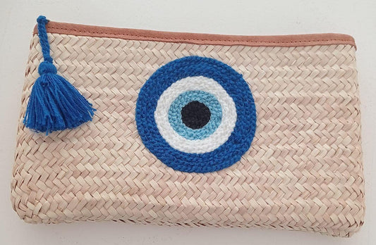 Pochette rettangolare fatta a mano e intrecciata in foglie di palma con ricami in lana, motivo Occhio di Allah - MARIKA DE PAOLA - HOME DECOR